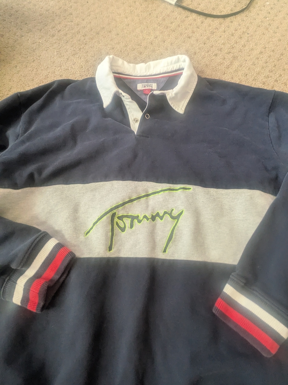 Tommy Hilfiger JEANS Rugby SHIRT TOP Sweatshirt Script Logo LADIES XL 90s RARE